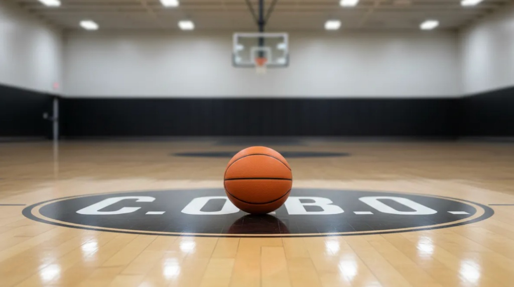 A basketball sits at the center of a polished wooden court, resting on a black circular logo that reads "C.O.B.O." in white letters.